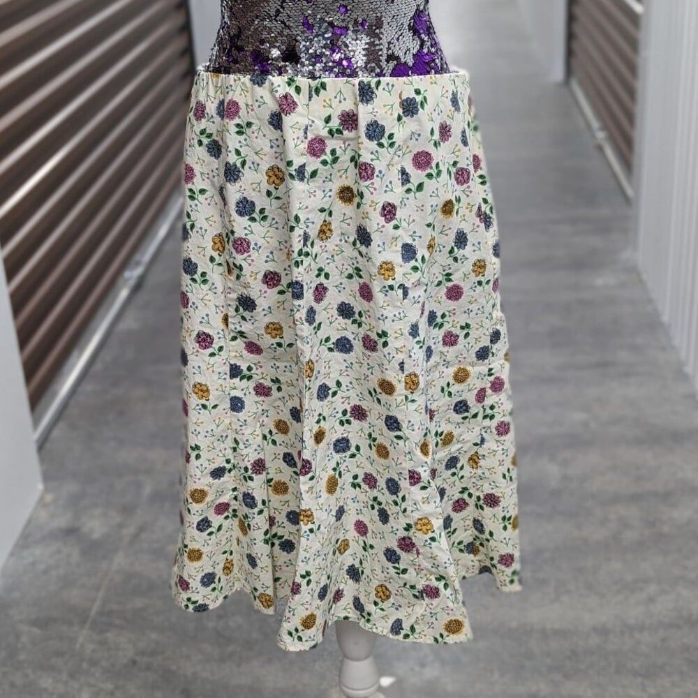 Vintage Y2K Cottagecore Cream Ditsy Daisy DLG Floral Midi Skirt 12 Boho Fairy